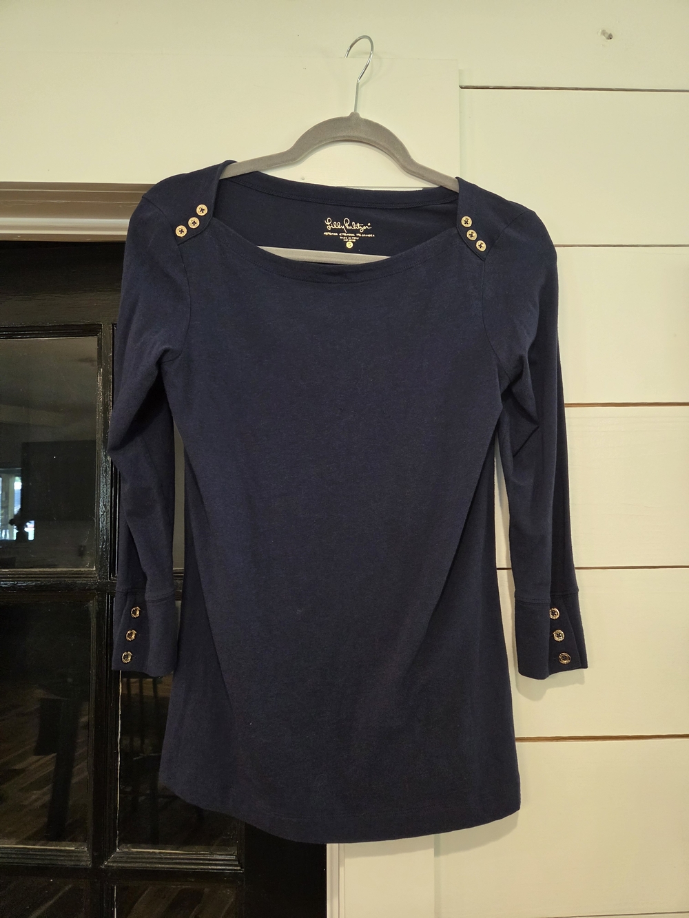 Lilly Pulitzer Navy Long-Sleeve Boatneck Top with Gold Buttons